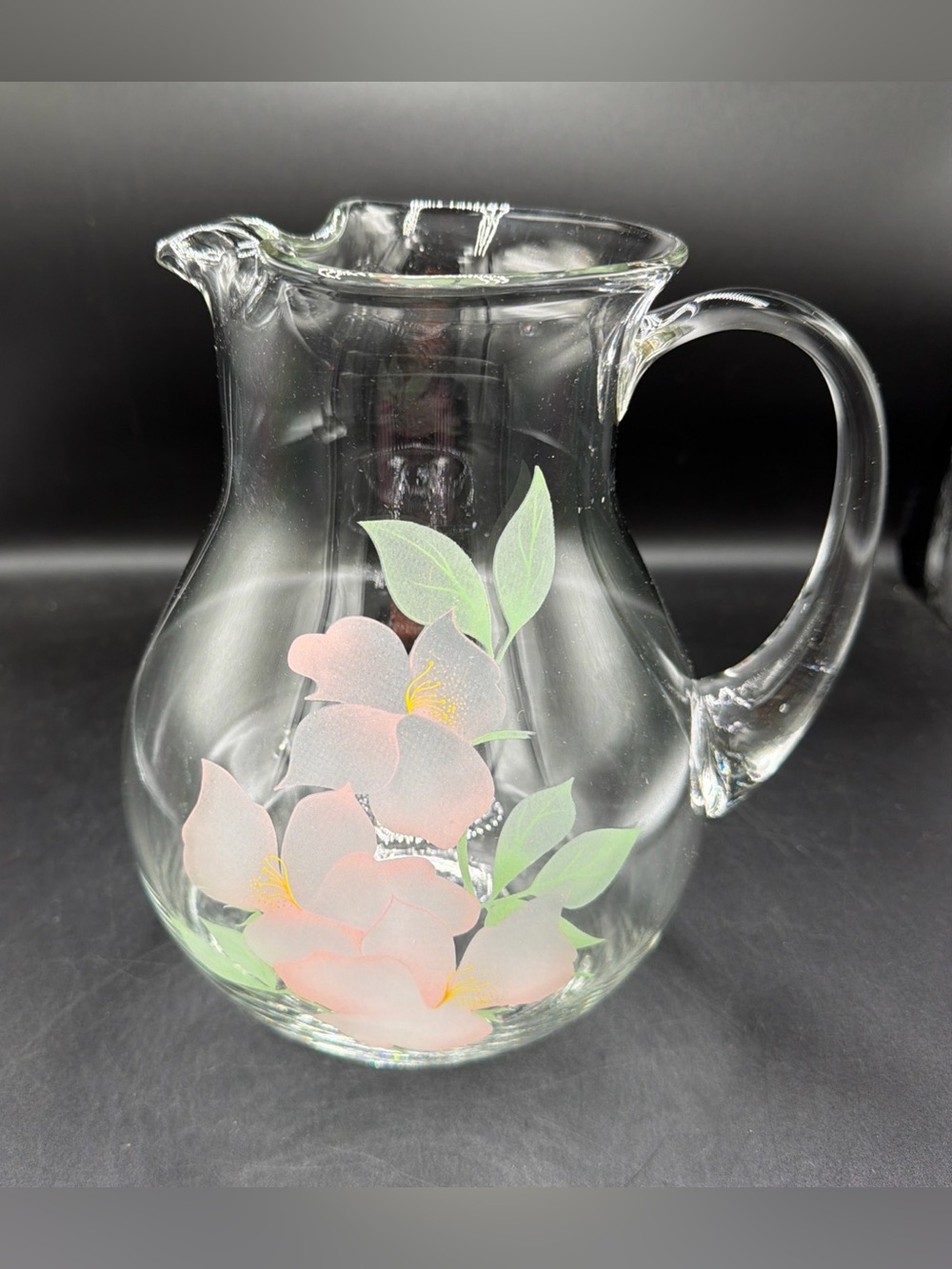 Pasabahce Vintage Hand Painted Pink Flower Crystal Glass Pitcher - Turkey